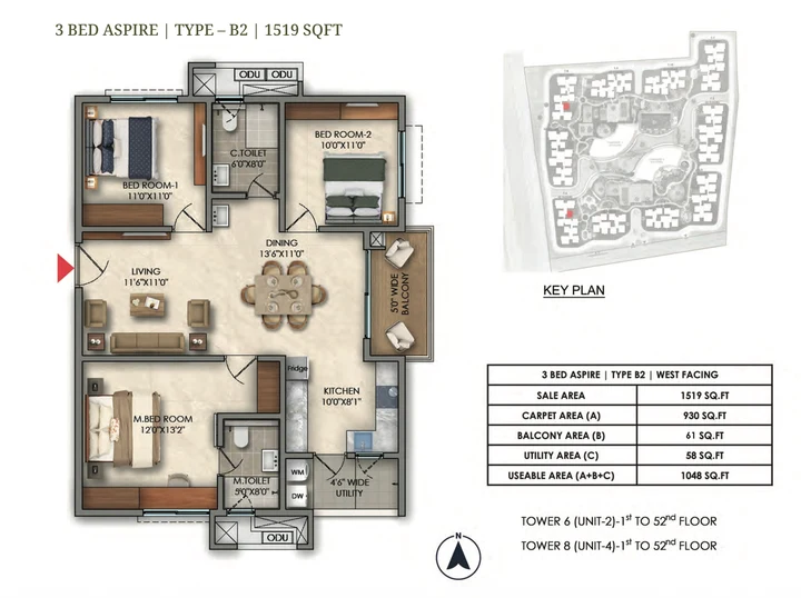 3 BHK Aspire Type B2 1519 sqft floor plan of Prestige Golden Grove