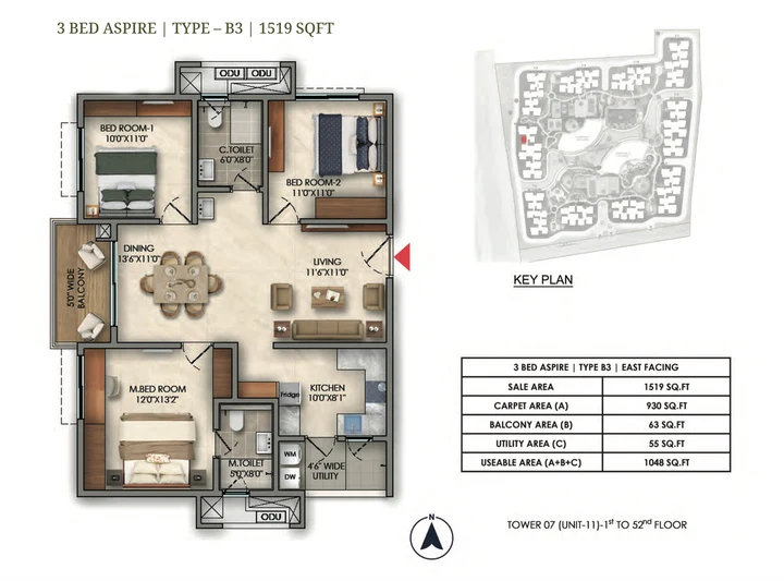 3 BHK Aspire Type B3 1519 sqft floor plan of Prestige Golden Grove