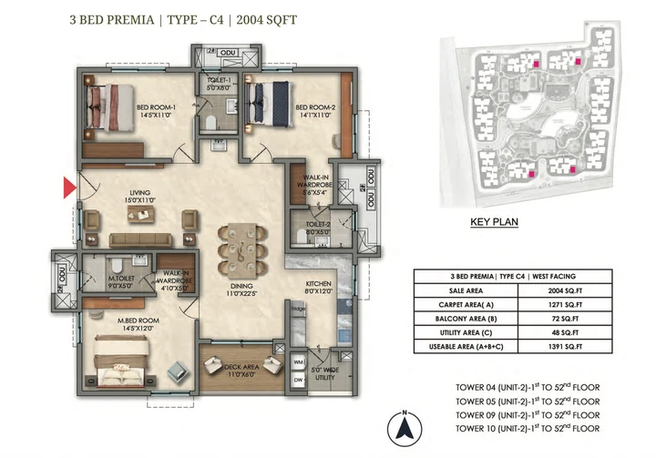 3 BHK Premia Type C4 2004 sqft floor plan of Prestige Golden Grove