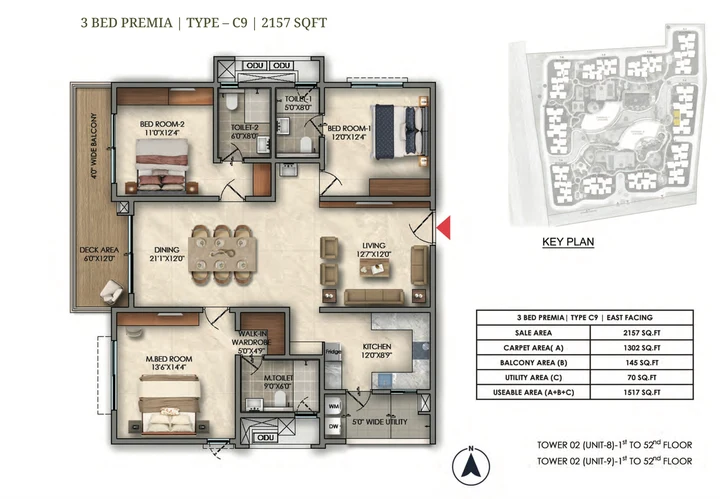 3 BHK Premia Type C9 2157 sqft floor plan of Prestige Golden Grove