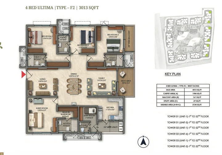 4 BHK Ultima Type F2 3013 sqft floor plan of Prestige Golden Grove